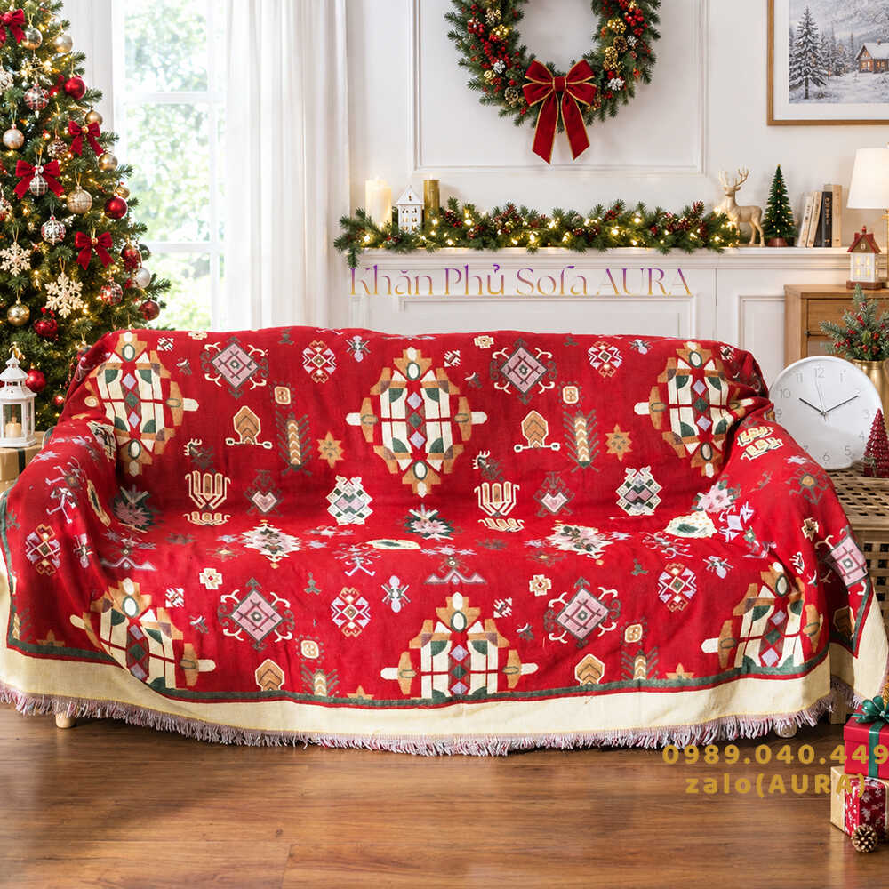 khăn trải sofa màu đỏ vàng giáng sinh