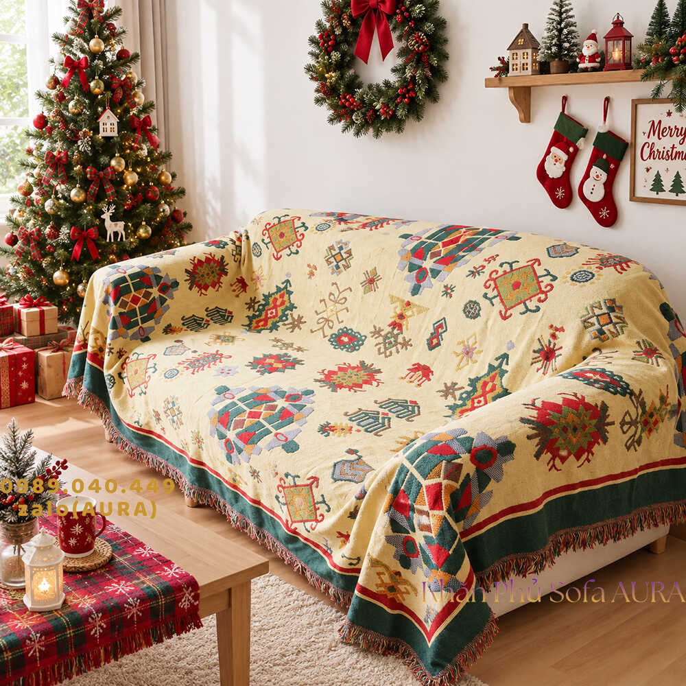 khăn trải sofa màu vàng đỏ giáng sinh