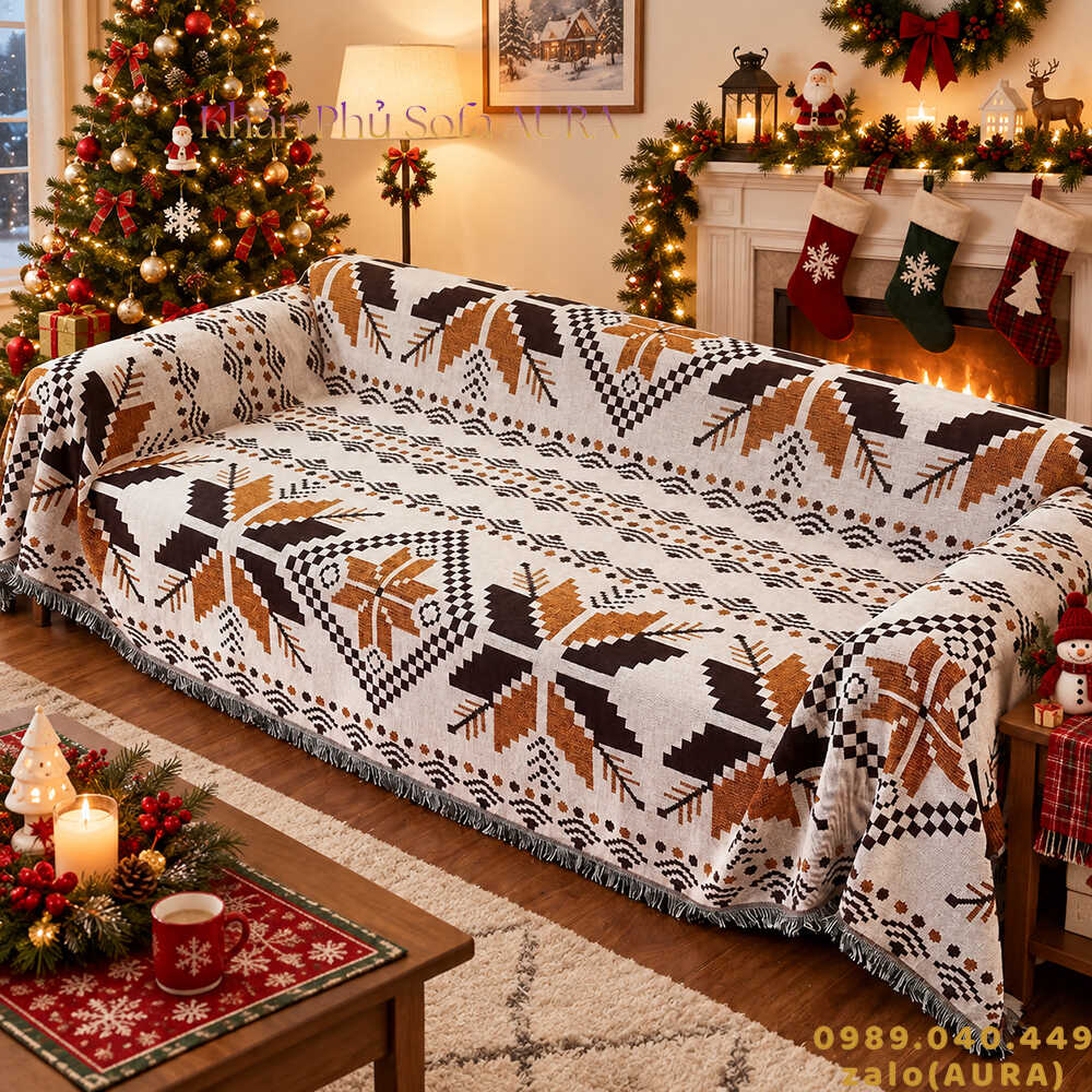 khăn trải sofa nâu gỗ giáng sinh