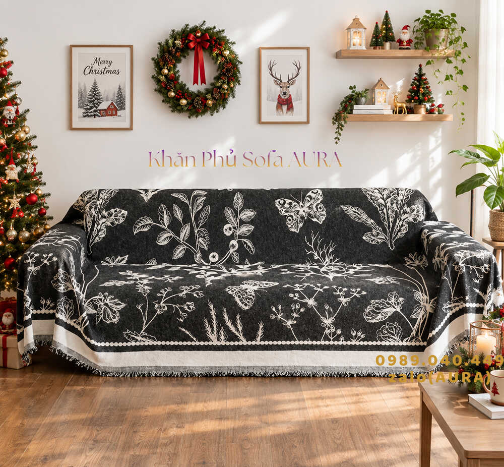 khăn trải sofa thiên nhiên trắng đen giáng sinh
