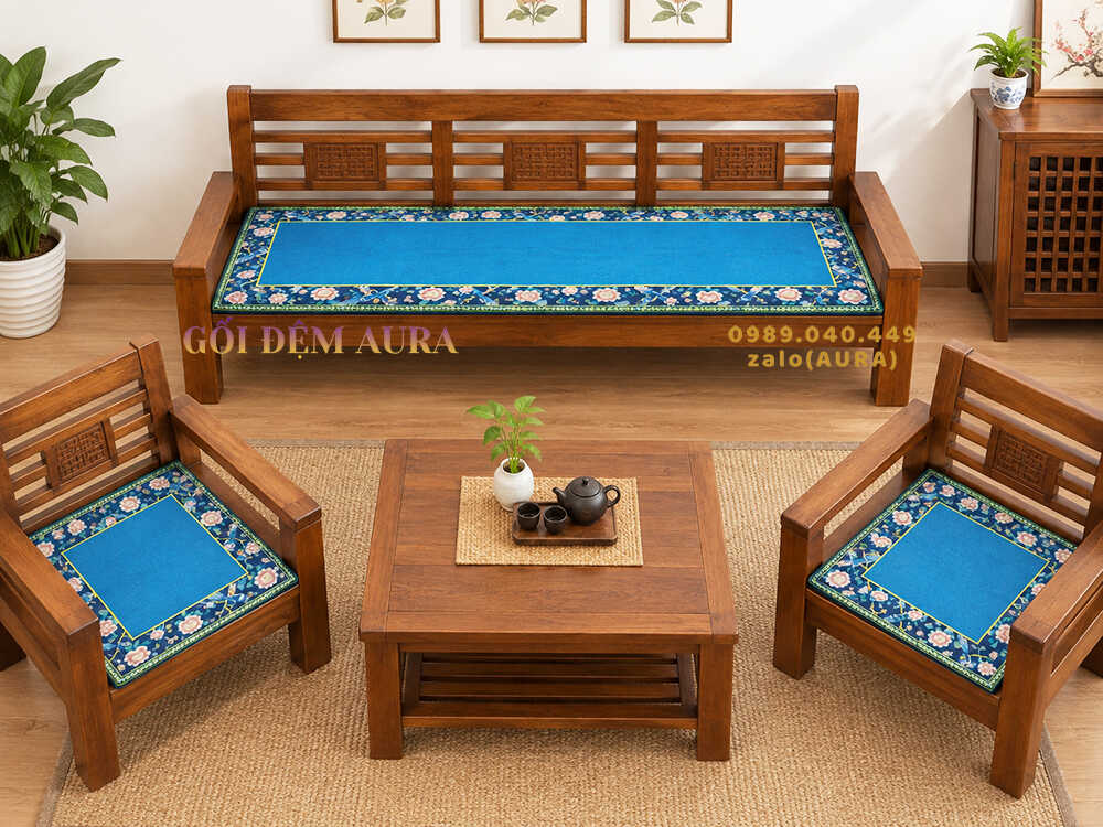 nệm lót ghế sofa gỗ hoa xanh nệm lót ghế sofa gỗ hoa xanh